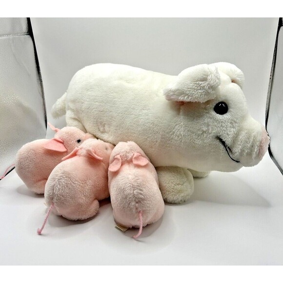 Vintage Dakin Plush White Pig with 3 Pink Piglet Babies Stuffed Animal 17” 1980s - Picture 6 of 16